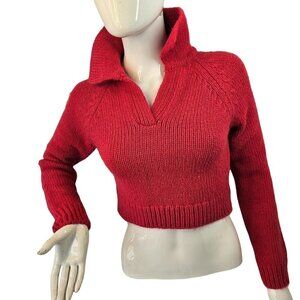 Zara Pink Cropped Cable Knit Sweater V Neck Collared Long Slv Womens XS Pink NEW